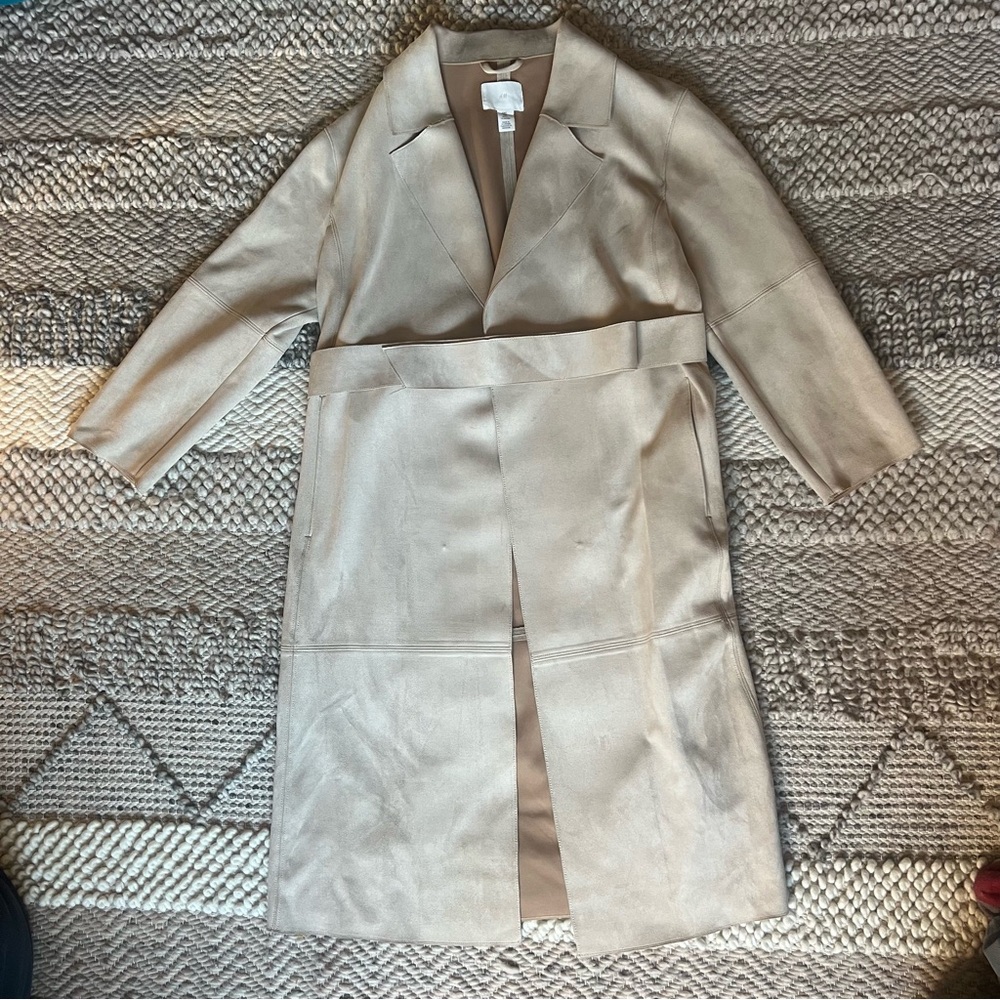H&M Classic Women's Faux Suede Trench Coat Long Beige size Small
